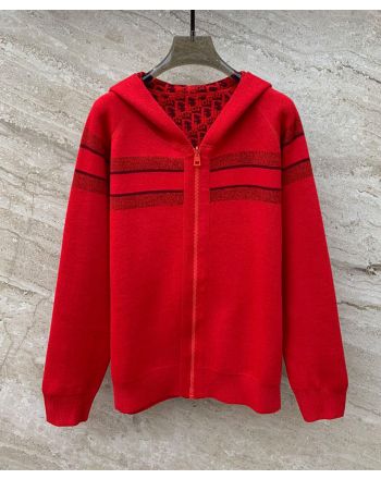 Christian Dior Women's Reversible Hooded Knitted Cardigan Red